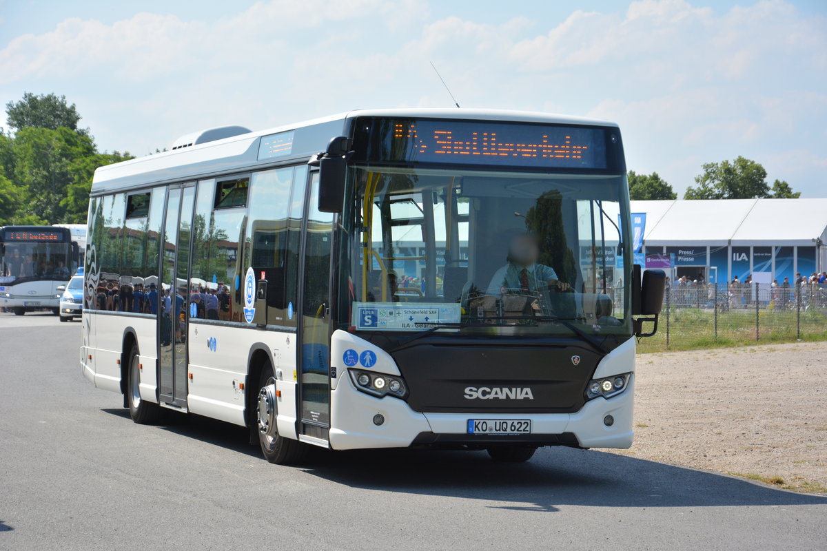 Am 04.06.2016 fährt KO-UQ 622 für die ILA 2016 Shuttle zwischen Parkplatz und ILA-Gelände. Aufgenommen wurde ein Scania Citywide LE.
