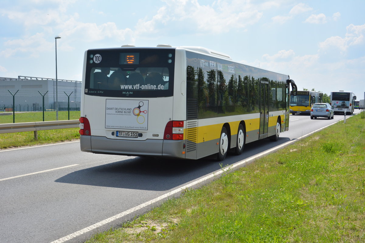 Am 04.06.2017 fährt TF-VG 151 für die ILA 2016 auf der ILA Sonderlinie S zwischen Bahnhof Schönefeld und ILA-Gelände. Aufgenommen wurde ein MAN Lion's City LÜ der VTF.
