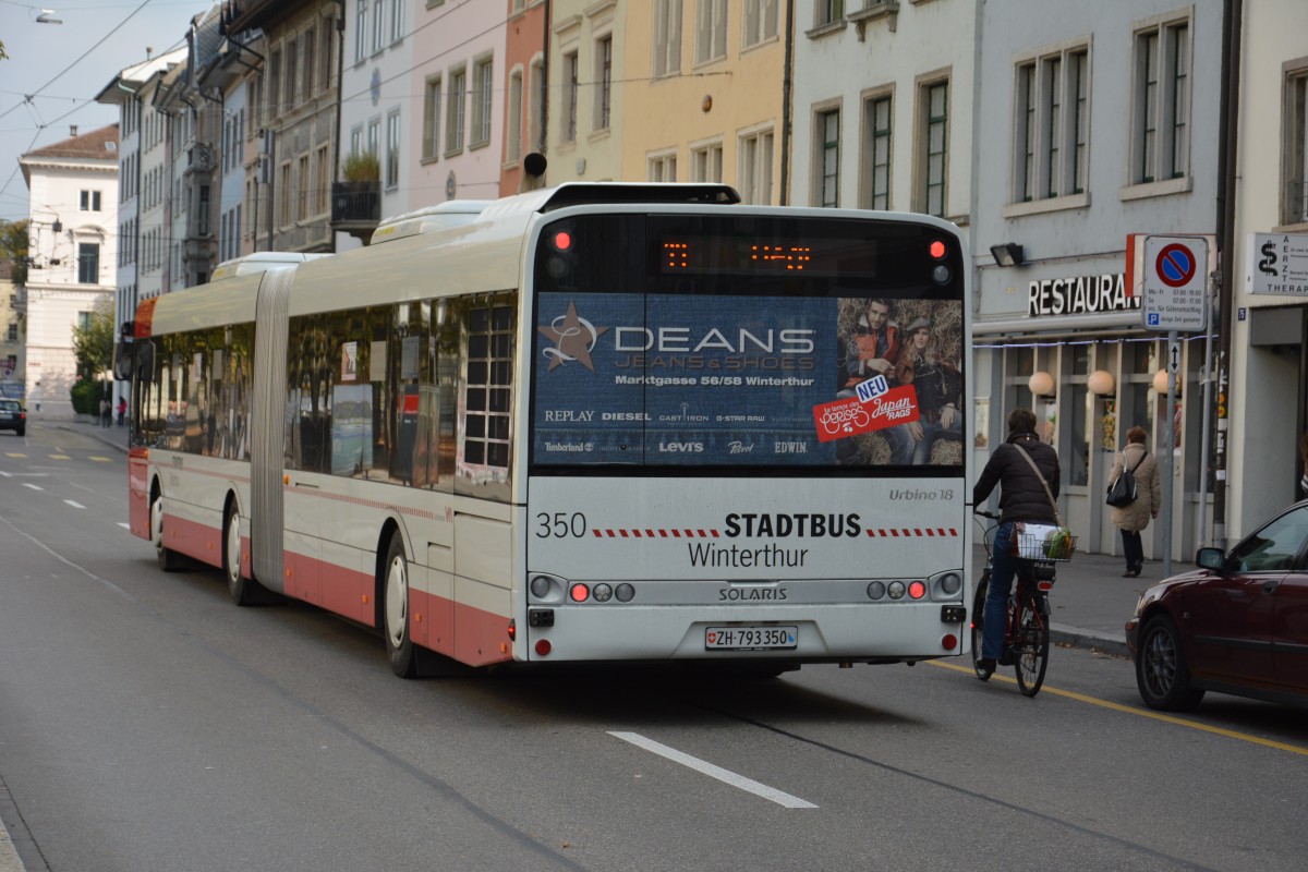 Am 14.10.2015 fährt ZH-793350 auf der Linie 14. Aufgenommen wurde ein Solaris Urbino 18 / Winterthur Stadthausstrasse.
