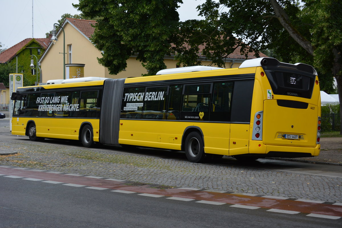 Am 17.07.2016 steht B-V 4437 an der Haltestelle, Berlin Alt-Kladow. Aufgenommen wurde ein Scania Citywide.
