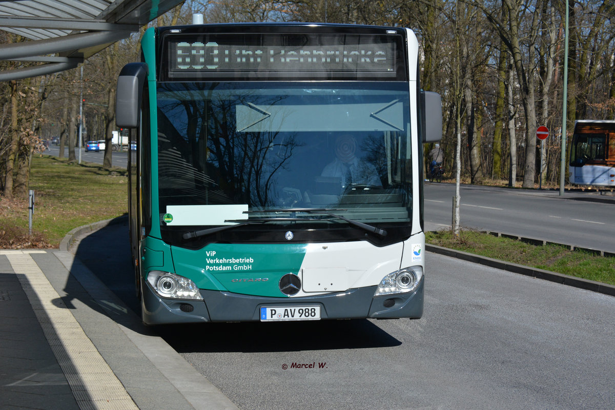 Am 28.03.2017 fährt P-AV 988 auf der Linie 693 zwischen dem Bahnhof Rehbrücke und Rathaus Babelsberg. Aufgenommen wurde ein Mercedes Benz Citaro der zweiten Generation. 