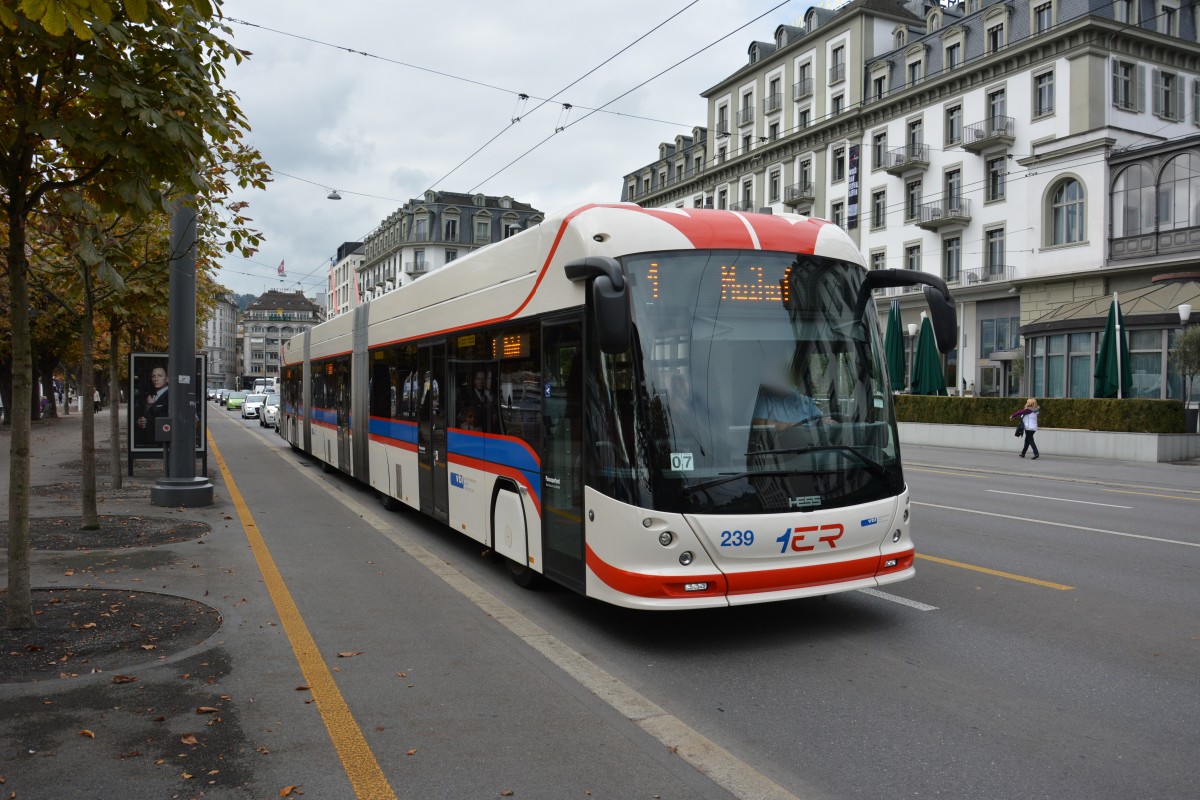 Dieser Hess BGGT-N2D (lighTram4) (Nummer  239 ) fährt am 08.10.2015 auf der Linie 1 nach Maihof. Aufgenommen in Luzern, Schweizerhofquai.