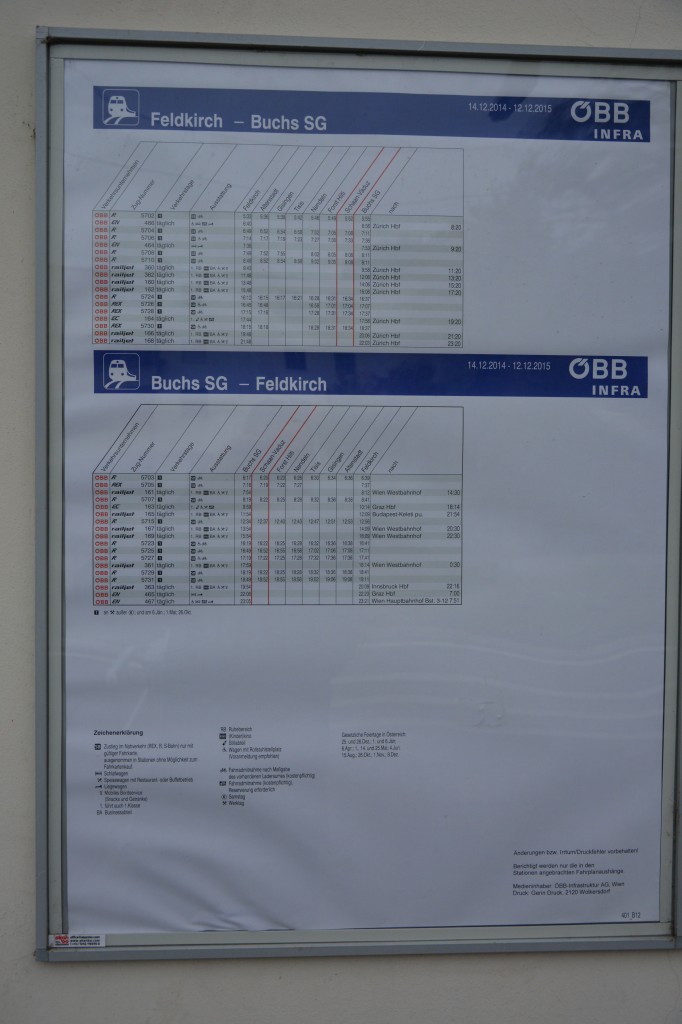 Fahrplan vom Bahnhof Schaan-Vaduz. Aufgenommen am 09.10.2015.