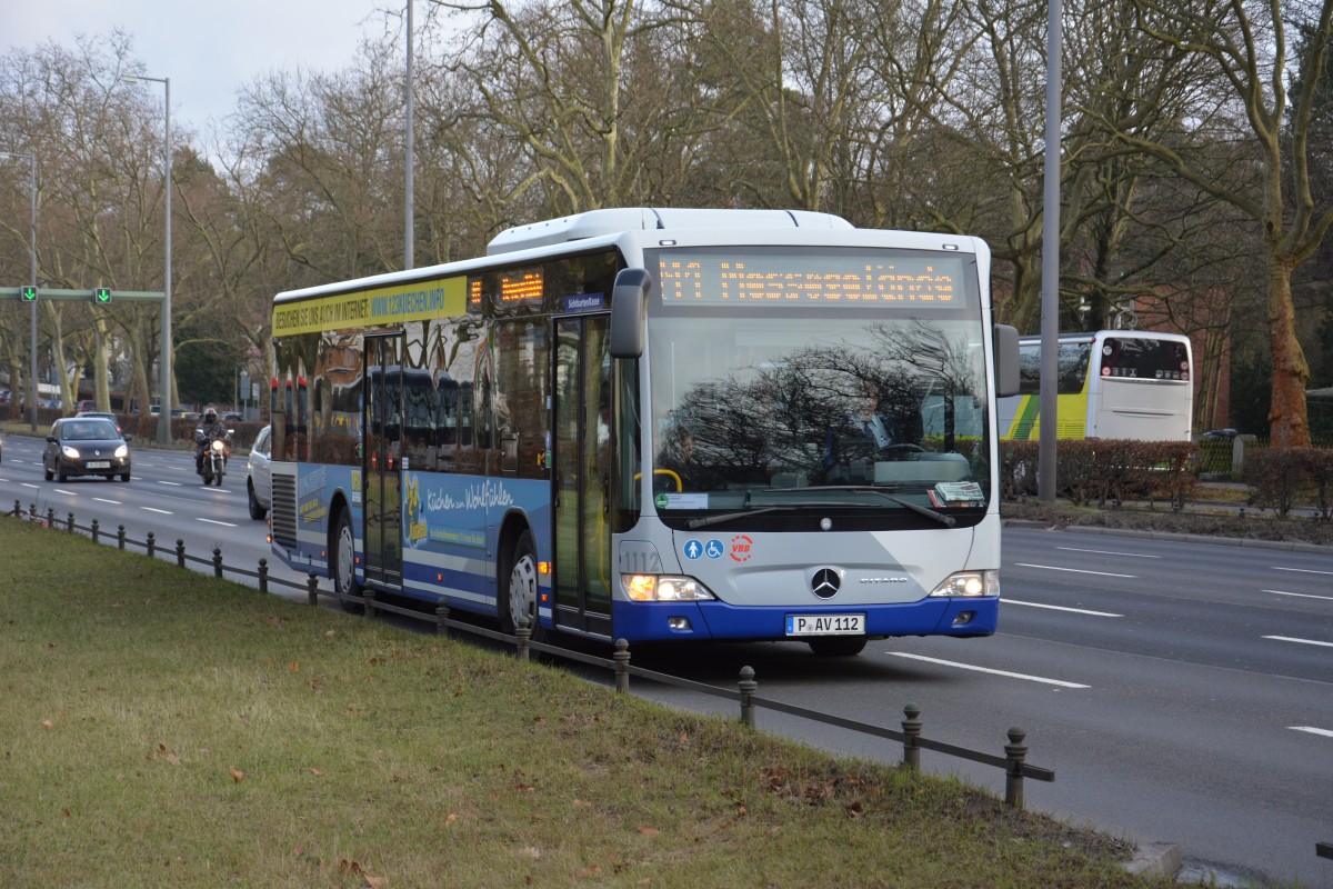 P-AV 112 ist am 17.01.2015 unterwegs für die Grüne Woche in Berlin. Aufgenommen an der Heerstraße Ecke Flatowstraße, Mercedes Benz Citaro / BVSG. 