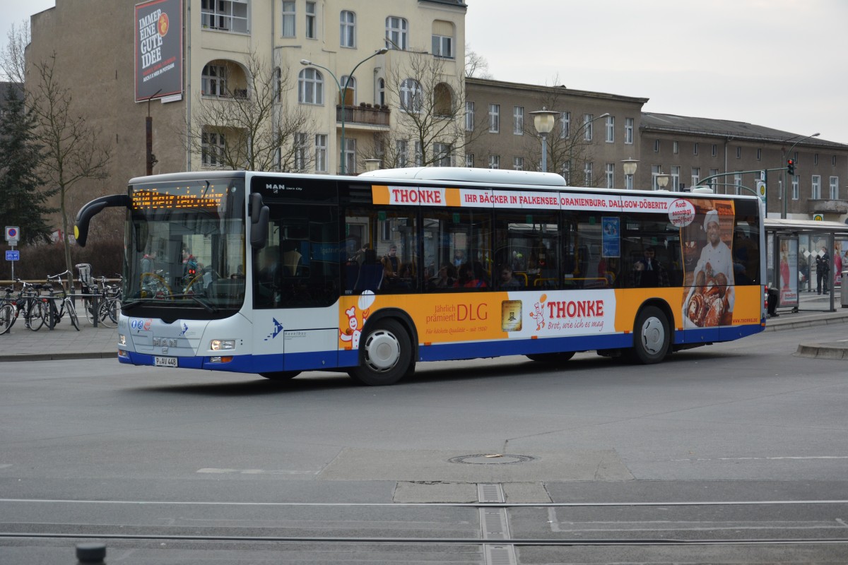 P-AV 448 (MAN Lion's City) fhrt am 13.03.2015 auf der HVG Linie 604 nach Falkensee. Aufgenommen am Hauptbahnhof in Potsdam.