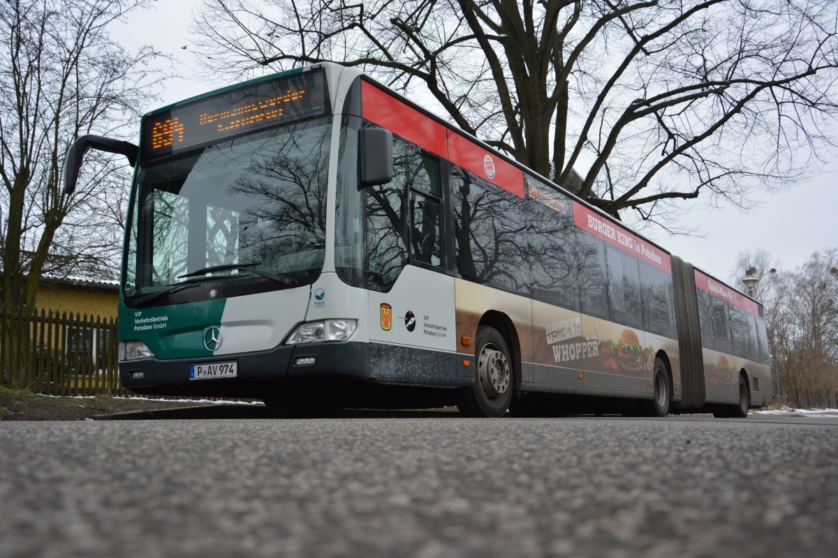 P-AV 974 steht am 07.02.2015 an der Küsselstraße auf Hermannswerder. Aufgenommen wurde ein Mercedes Benz Citaro Facelift Gelenkbus.
