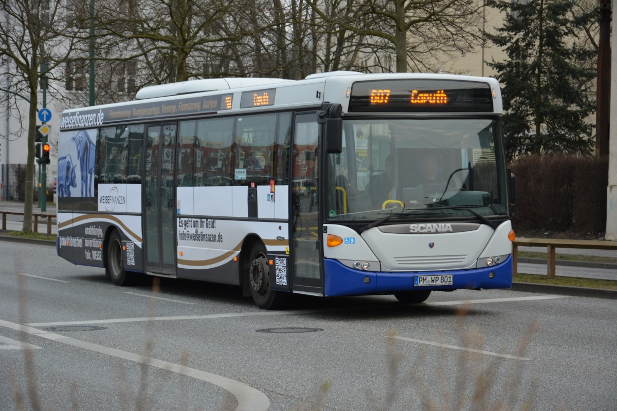 PM-WP 801 fhrt am 13.03.2015 auf der Linie 607 nach Caputh. Aufgenommen wurde ein Scania OmniLink, Potsdam Hauptbahnhof. 