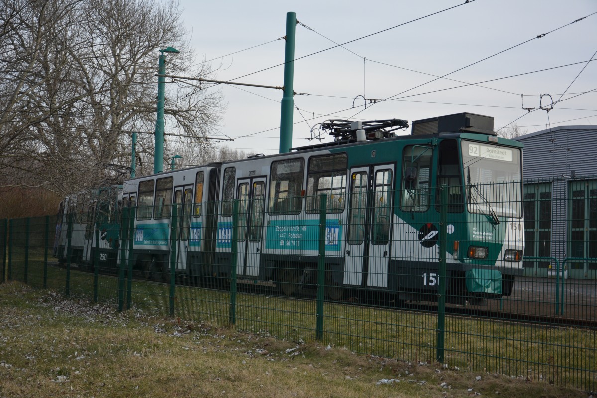 Abgestellte Tatra Straßenbahn 150/250 auf dem Betriebshof der VIP. Aufgenommen am 07.03.2015.