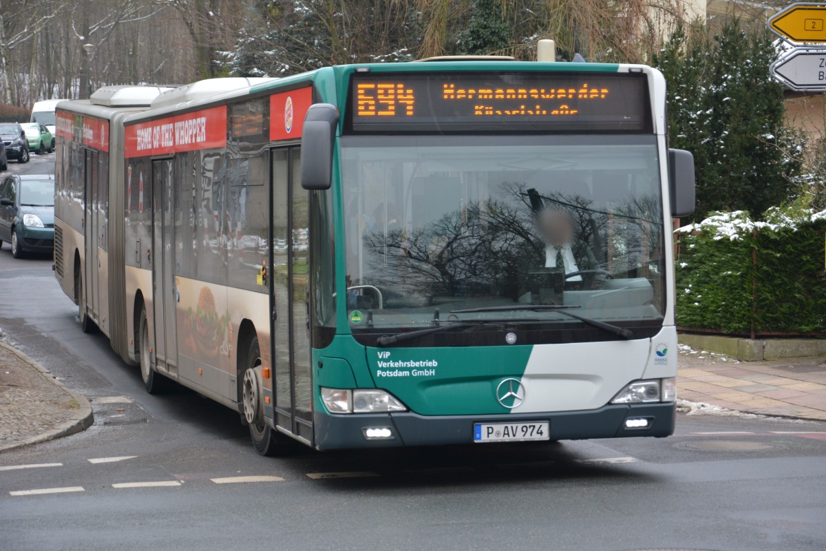 Am 07.02.2015 fährt P-AV 974 auf der Linie 694 nach Hermannswerder. Aufgenommen wurde ein Mercedes Benz Citaro Facelift, Potsdam Michendorfer Chaussee / Templiner Straße.  