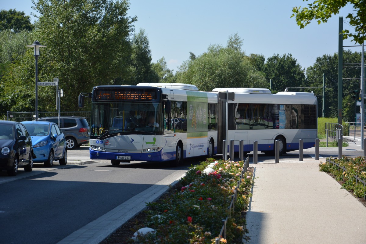 Am 09.07.2013 fährt P-AV 313 für die Straßenbahn in Potsdam Schienenersatzverkehr. Aufgenommen wurde ein Solaris Urbino 18 / Potsdam Konrad-Wolf-Allee. 