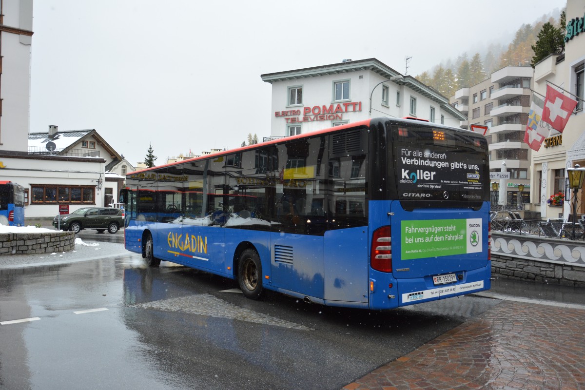 Am 15.10.2015 fährt GR-15029 durch St. Moritz. Aufgenommen wurde ein Mercedes Benz Citaro Facelift / St. Moritz.