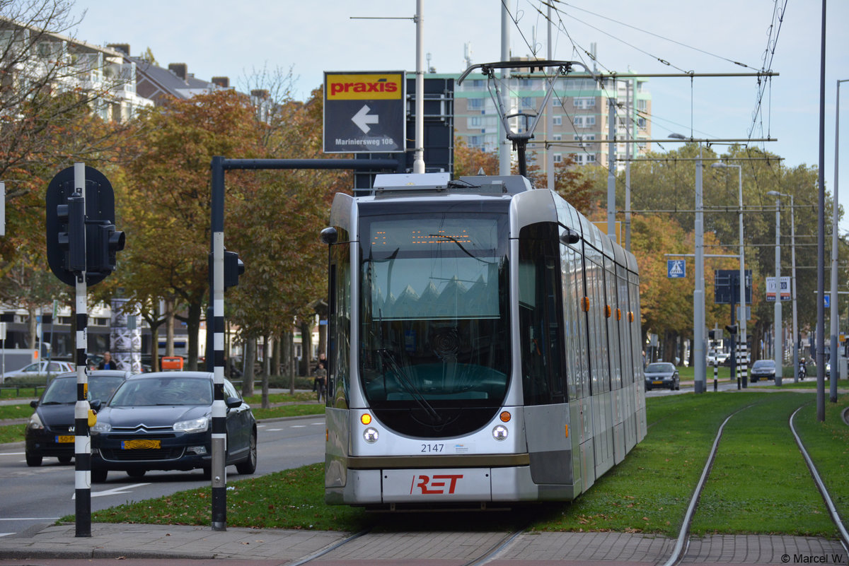 Am 20.10.2018 wurde diese Alstom Citadis Straßenbahn mit der Nummer  2147  in Rotterdam gesichtet. 