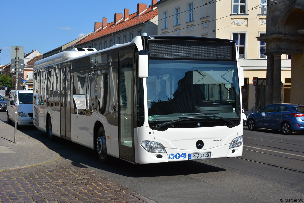 Am 26.07.2018 wurde P-AC 128 in Potsdam, nähe Dortustraße gesichtet. Aufgenommen wurde ein Mercedes Benz Citaro Ü LE der zweiten Generation. 