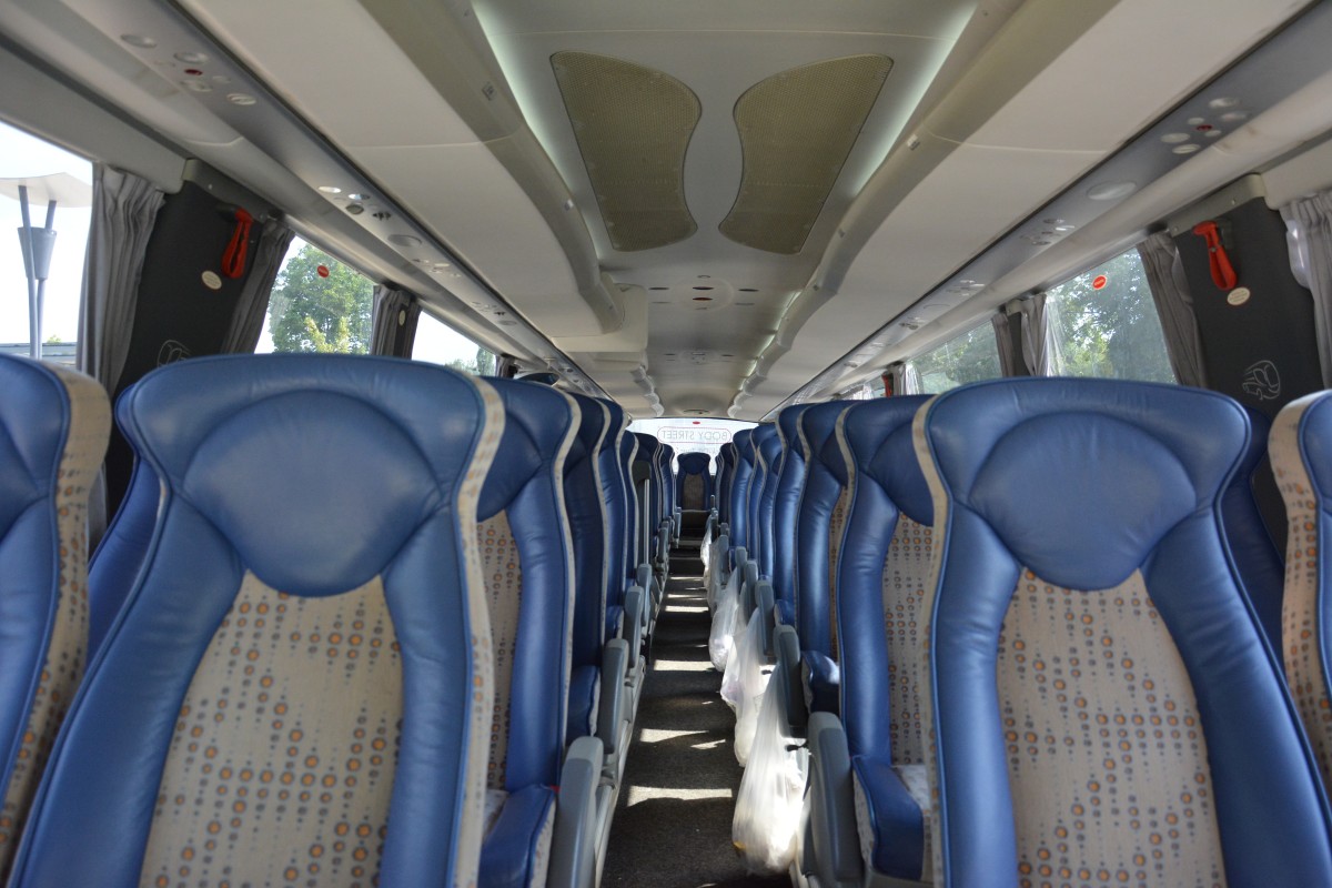 Aufnahme vom Innenraum eines Scania Irizar. Aufgenommen am 19.07.2014.