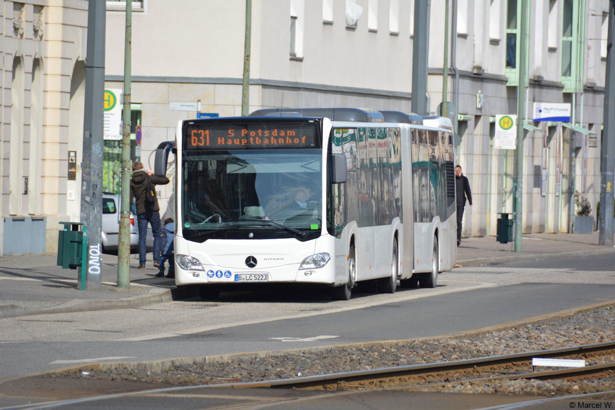 B-LC 5223 fuhr am 02.04.2018 auf der Linie 631 zwischen Werder und Potsdam. Aufgenommen wurde ein Mercedes Benz Citaro der zweiten Generation / Potsdam, Platz der Einheit. 