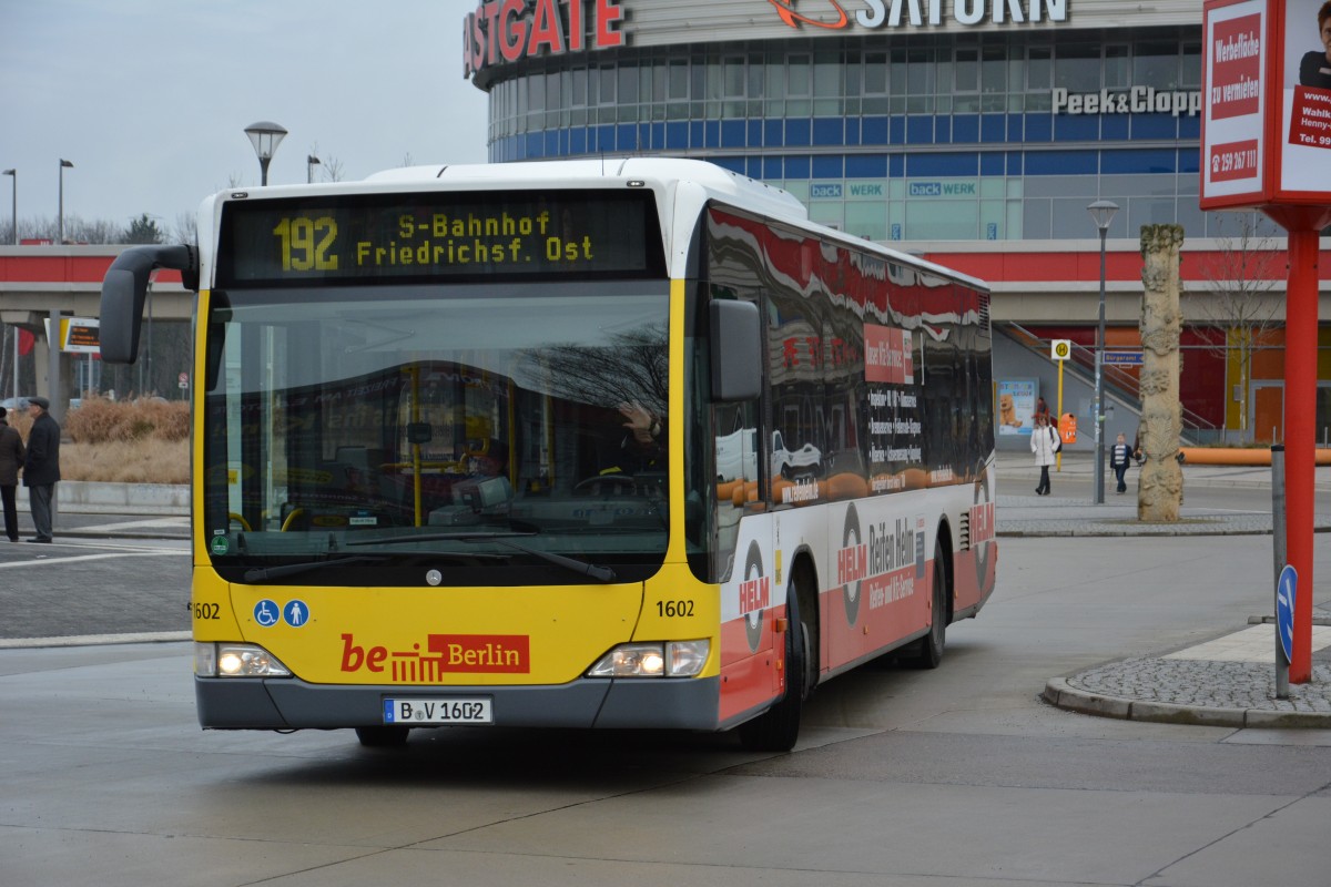 B-V 1602 ist am 17.01.2015 unterwegs auf der Linie 192. Aufgenommen wurde ein Mercedes Benz Citaro, Berlin S-Bahnhof Marzahn. 