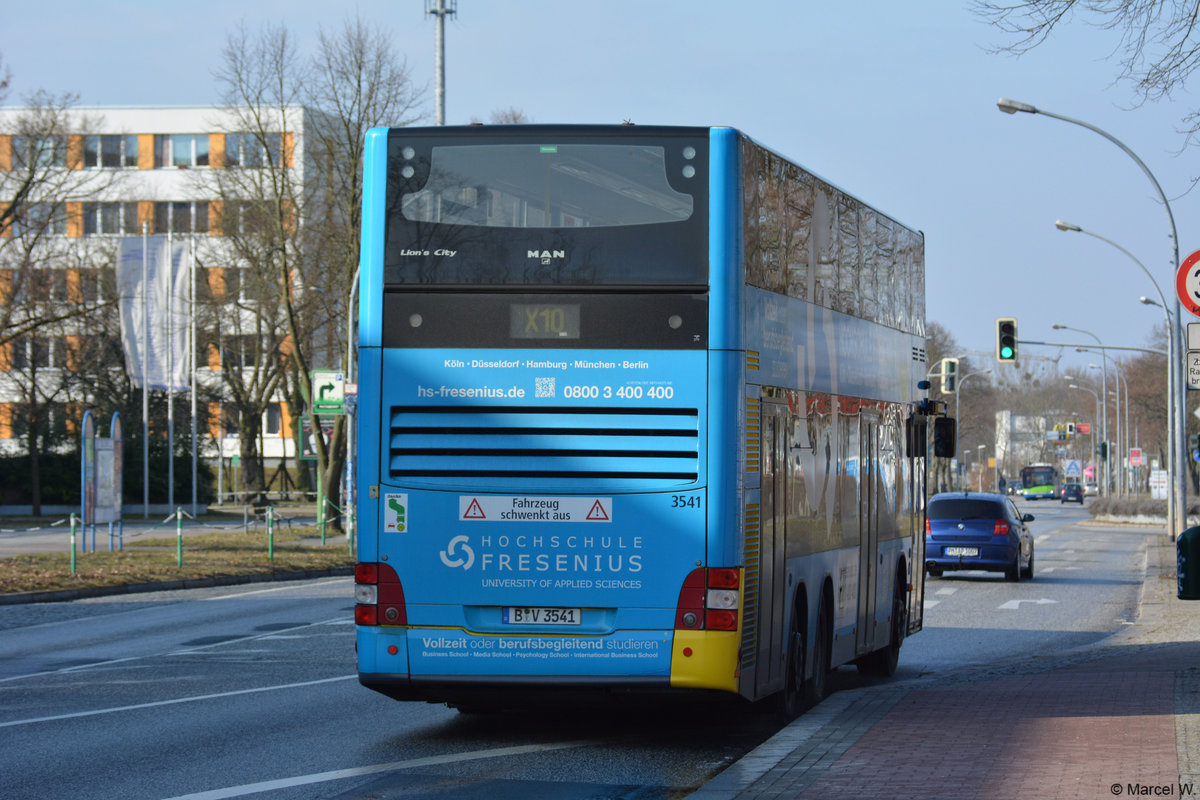 B-V 3541 fuhr am 02.04.2018 auf der Linie X10. Aufgenommen wurde ein MAN Lion's City DD / Teltow Warthestraße. 