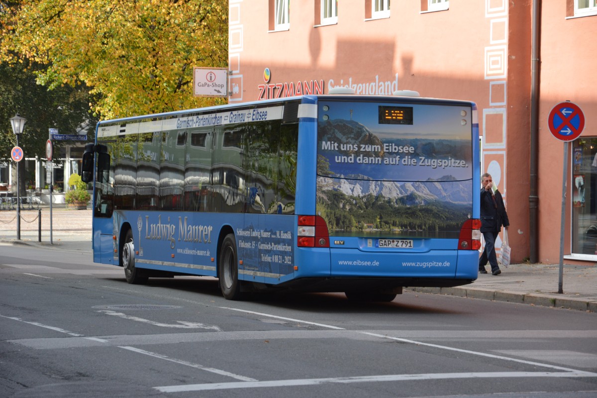 GAP-Z 791 wurde am 12.10.2015 in der Innenstadt von Garmisch-Partenkirch gesehen. Aufgenommen wurde ein MAN Lion's City.