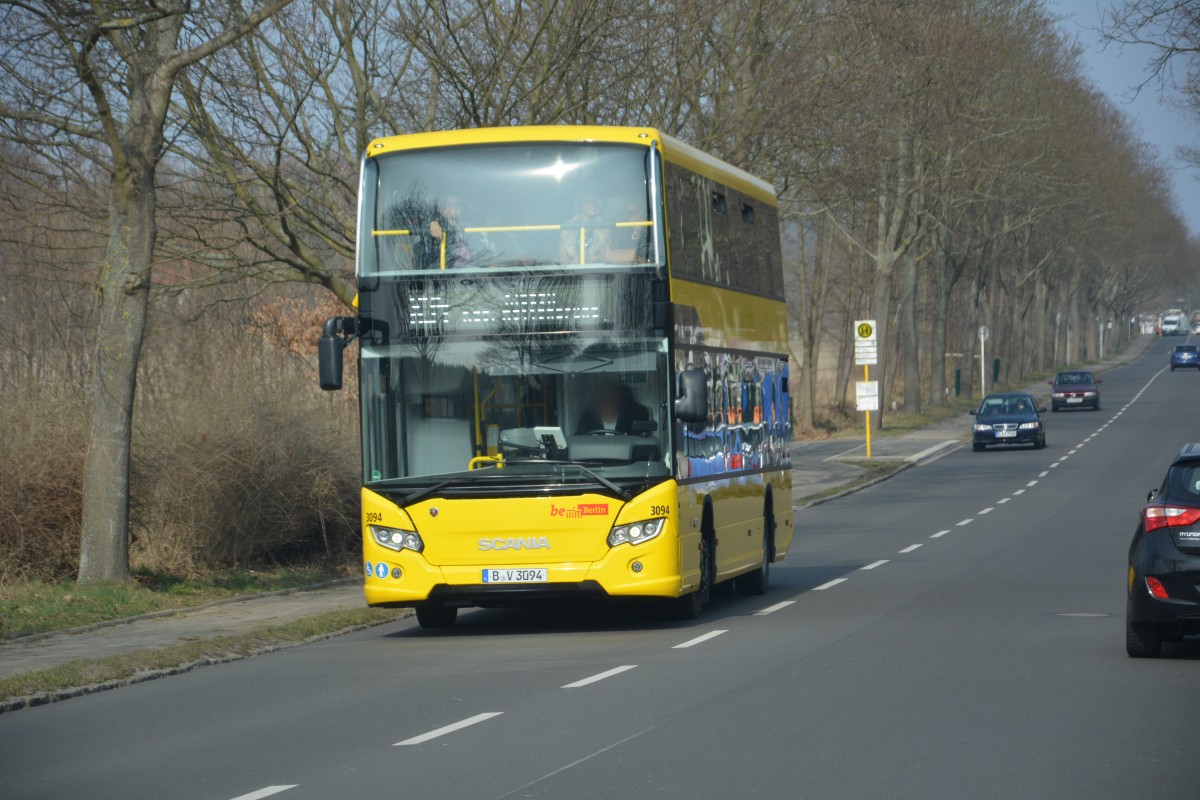 Heute am 25.03.2015 habe ich nun auch erwischt und gesichtet auf der Linie X34 nach Kladow. Aufgenommen wurde B-V 3094 (Scania Citywide LFDD), Berlin Kladower Damm/Helleberge. 