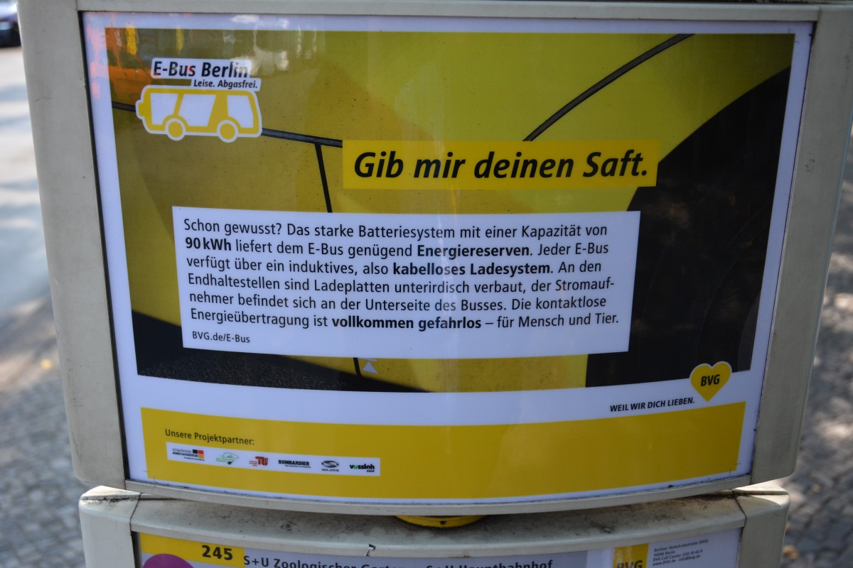 Information an der Bushaltestelle Berlin Hertzallee. Aufgenommen am 04.09.2015.