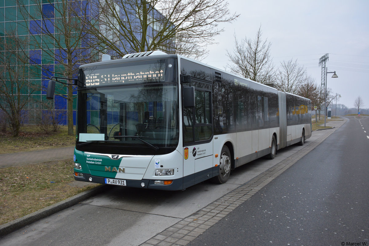 P-AV 931 fuhr am 10.03.2018 auf der Linie 605 zwischen Golm und Potsdam Hbf. Aufgenommen wurde ein MAN Lion's City. 
