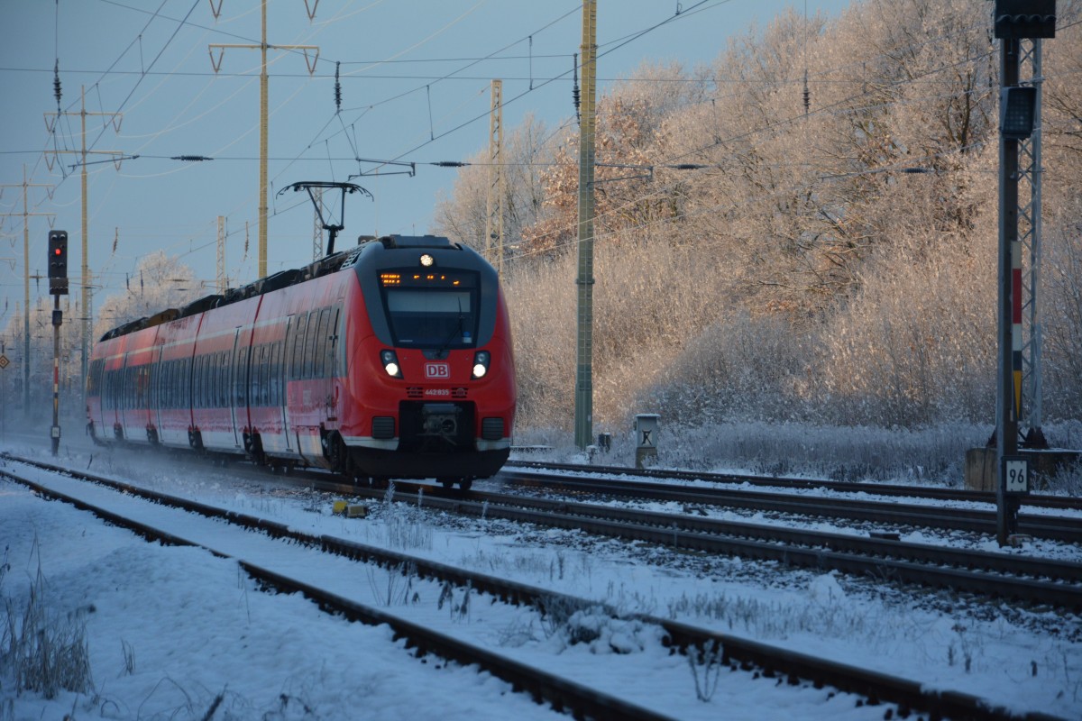 RB 19 (18559) mit der BR 442 (442835) auf dem Weg nach Senftenberg am 27.12.2014 bei der Durchfahrt Diedersdorf. 