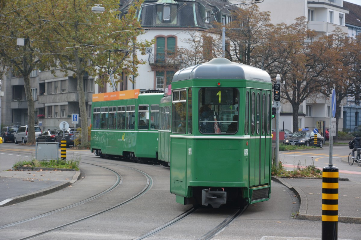 Schweizer Standardwagen  1474  an der Haltestelle, Basel Kannenfeldplatz. Aufgenommen am 13.10.2015.